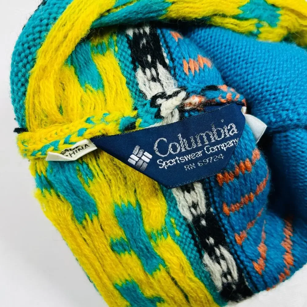 COLUMBIA Hat Adult OS Pure Wool Southwestern Ski Beanie Bobble Cap Blue
